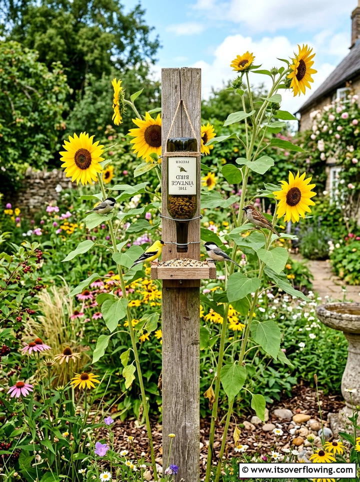 Wine Bottle Bird Feeder - 25 upcycled garden ideas with wine bottles