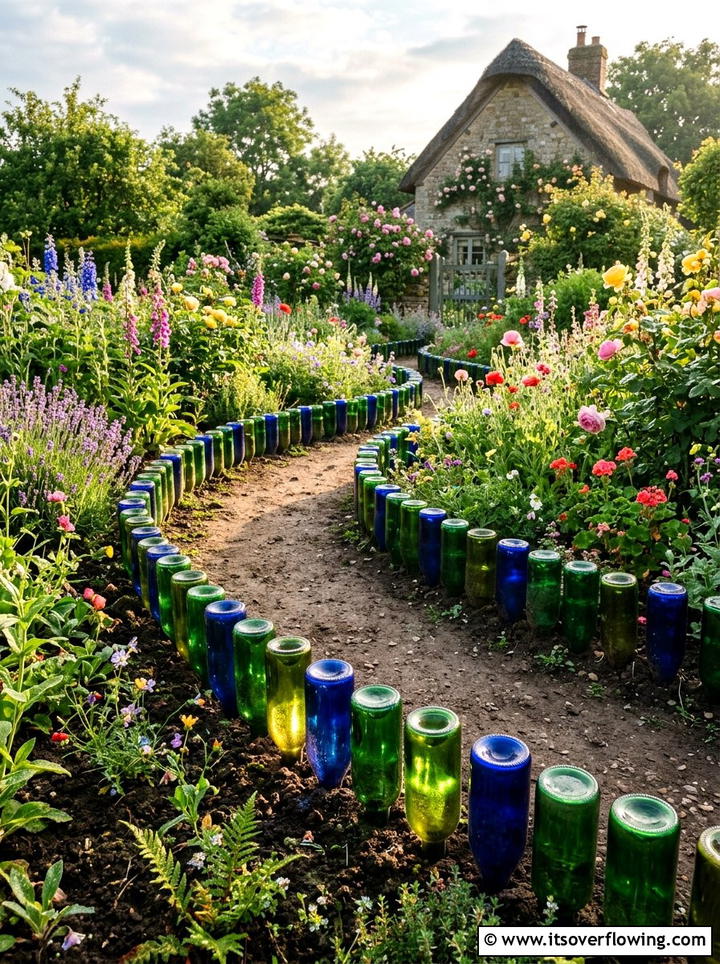 Wine Bottle Border - 25 upcycled garden ideas with pathway markers