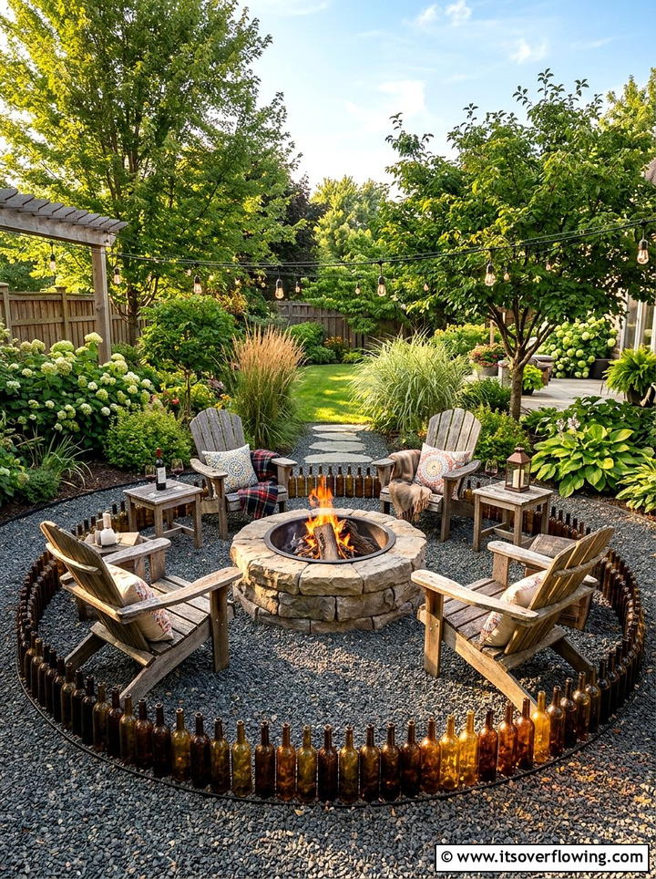 Wine Bottle Fire Pit Surround - 25 upcycled garden ideas with wine bottles