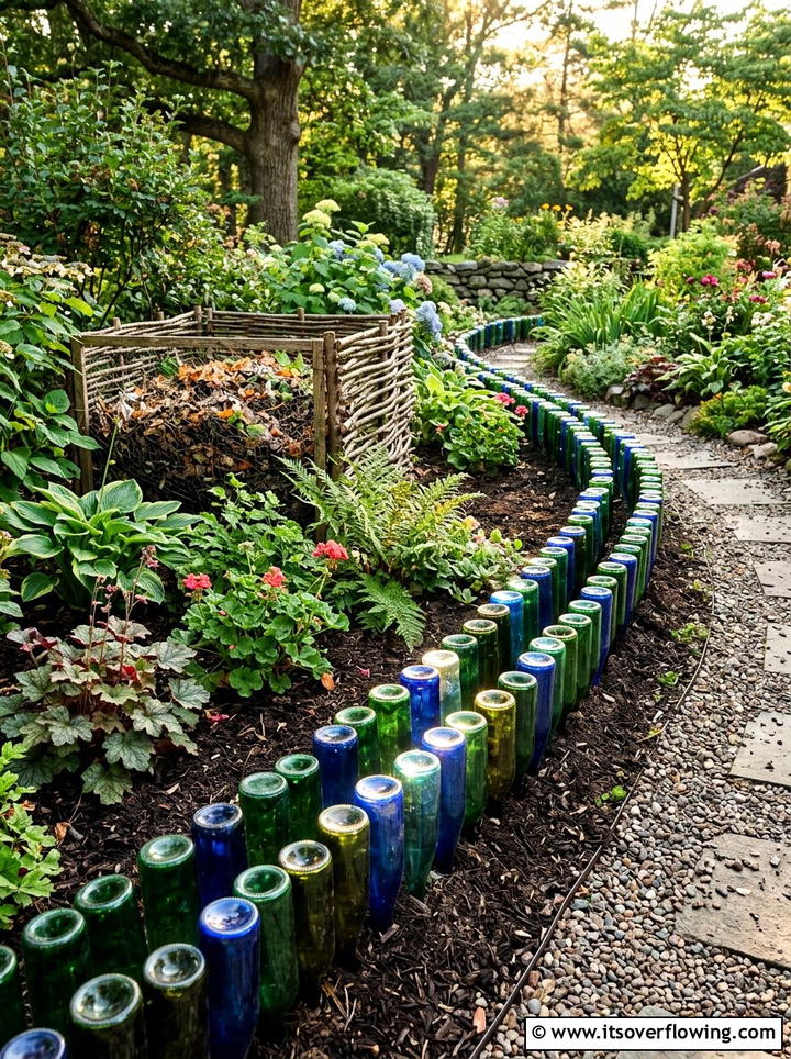 Wine Bottle Garden Border - 25 recycled garden ideas with leaf mold bins