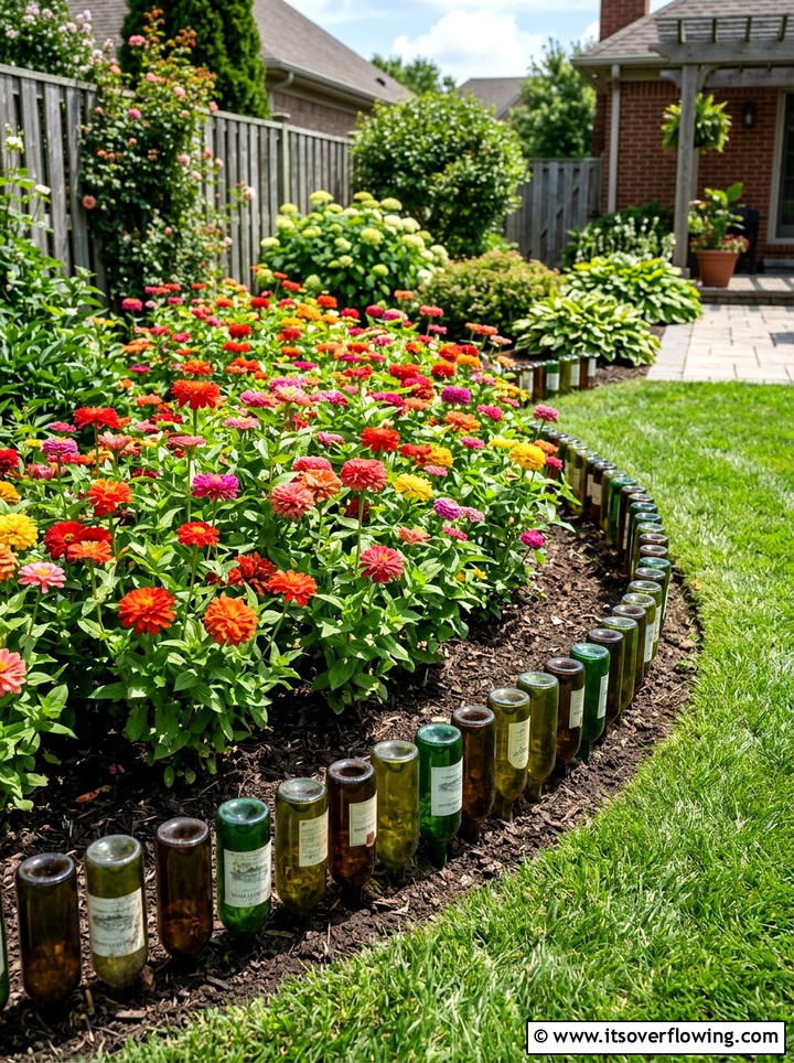 Wine Bottle Garden Border - 25 recycled garden ideas with recycled glass art