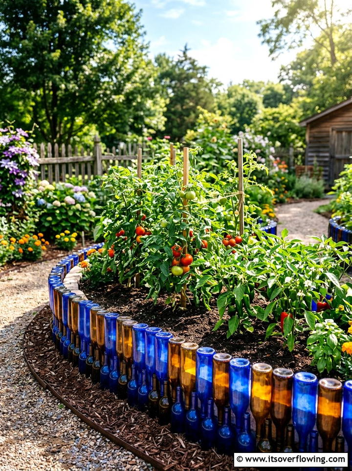 Wine Bottle Garden Border - 25 upcycled garden ideas with wine bottles