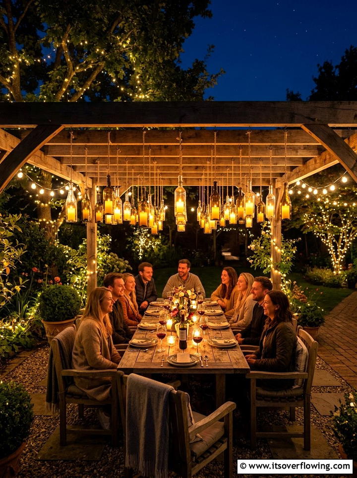 Wine Bottle Hanging Lanterns - 25 upcycled garden ideas with wine bottles