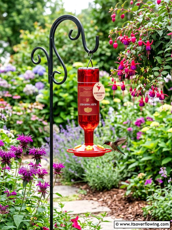 Wine Bottle Hummingbird Feeder - 25 upcycled garden ideas with wine bottles