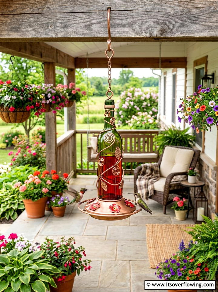 Wine Bottle Hummingbird Feeder - 25 recycled garden ideas with glass bottles