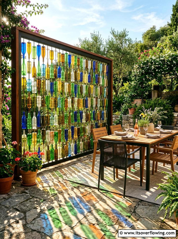 Wine Bottle Privacy Screen - 25 upcycled garden ideas with wine bottles