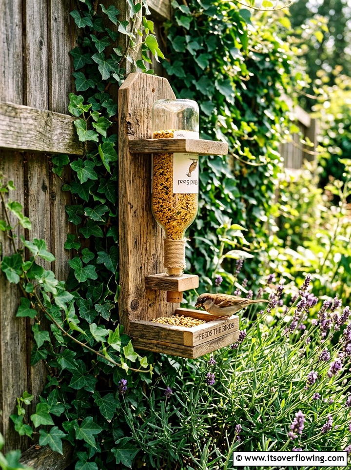 Wine Bottle Seed Dispenser - 25 upcycled garden ideas with bird feeders