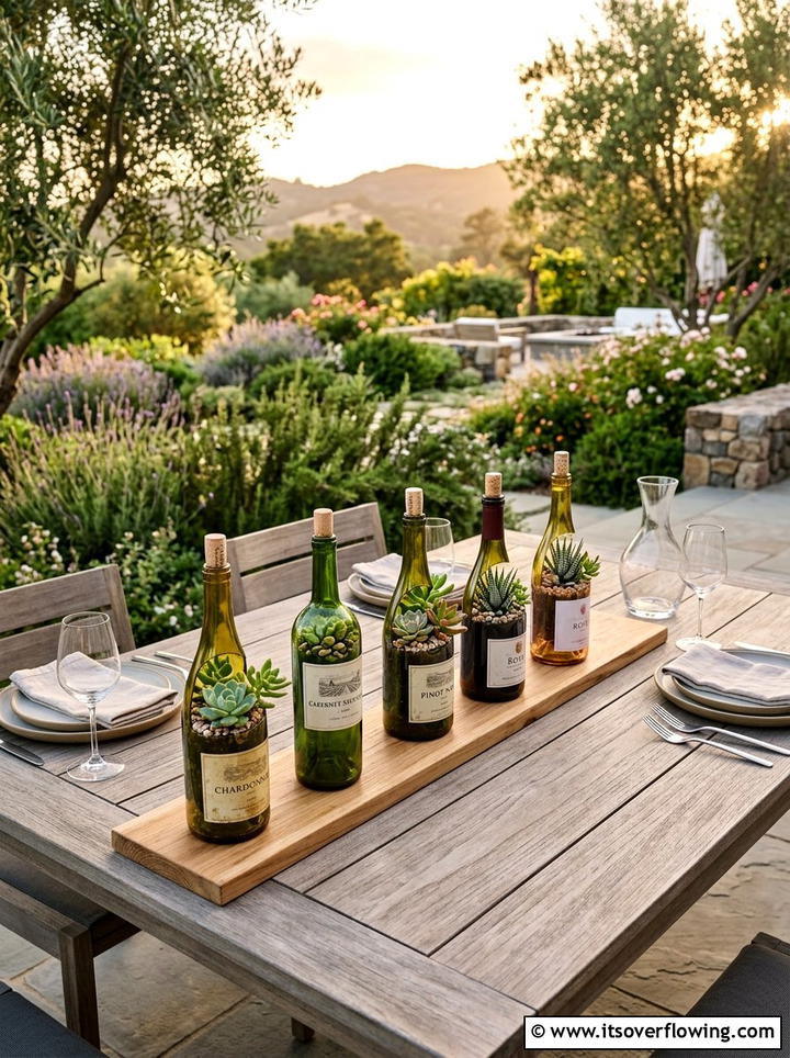 Wine Bottle Succulent Arrangement - 25 upcycled garden ideas with succulent planters