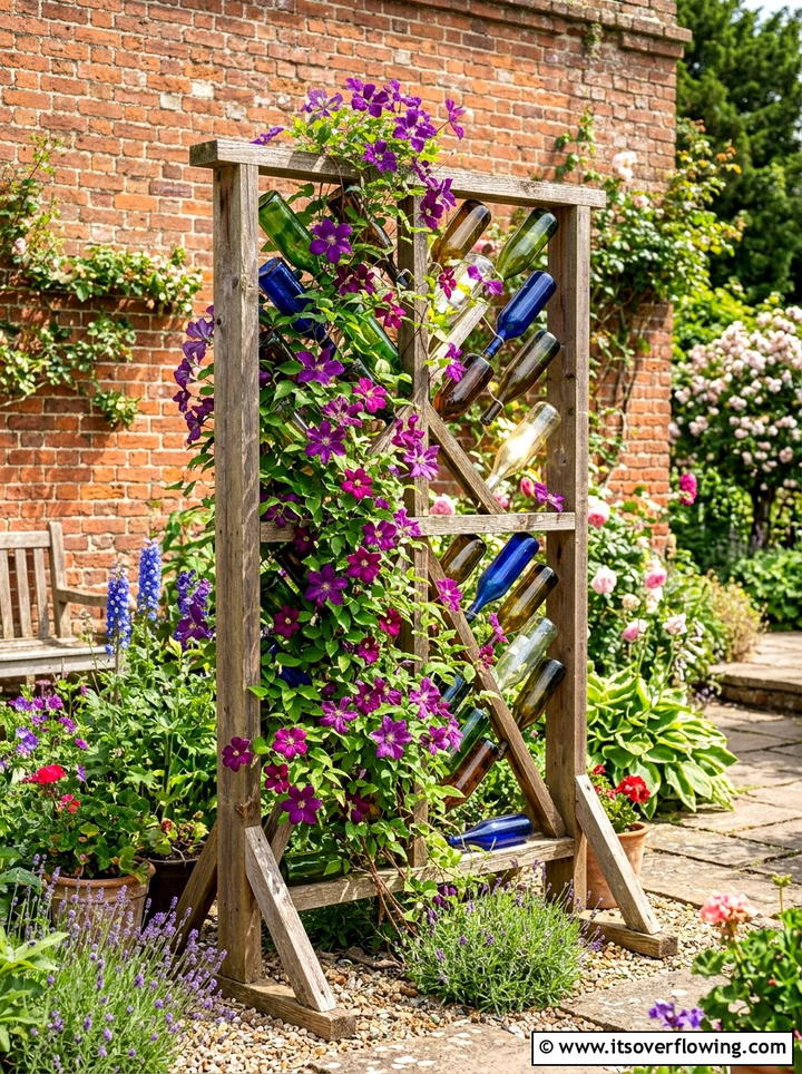 Wine Bottle Trellis - 25 upcycled garden ideas with wine bottles