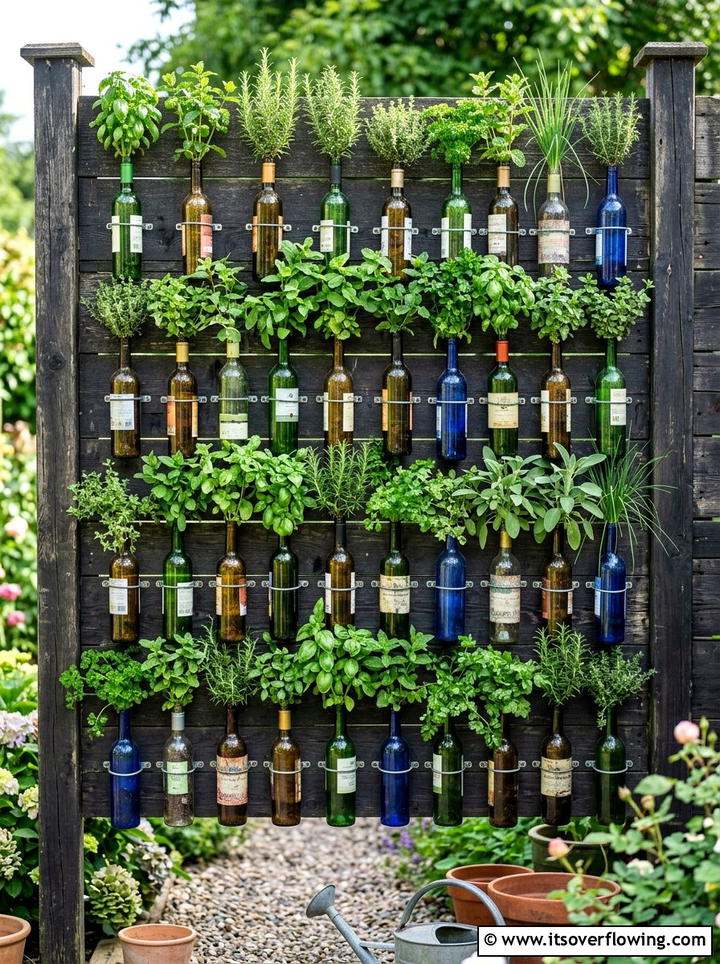 Wine Bottle Vertical Garden - 25 upcycled garden ideas with wine bottles