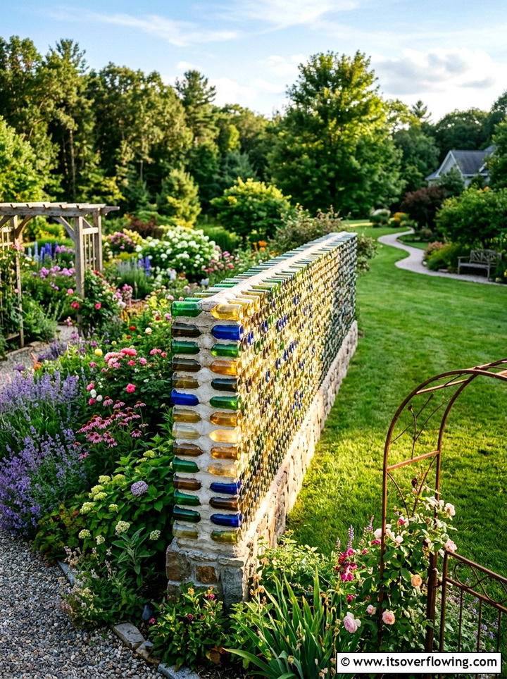 Wine Bottle Wall - 25 upcycled garden ideas with wine bottles