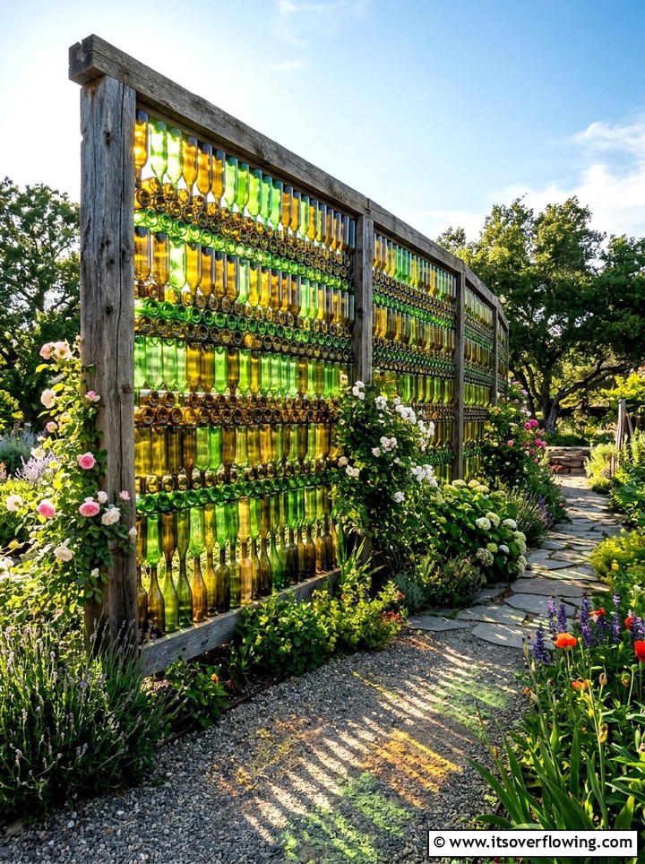 Wine Bottle Wall - 25 upcycled garden ideas with privacy screens