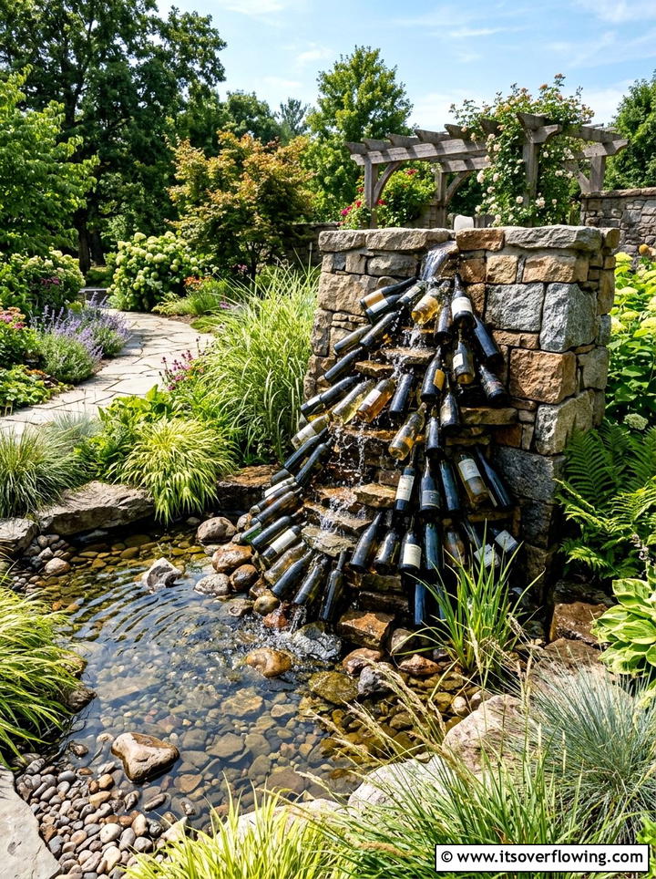 Wine Bottle Water Feature - 25 upcycled garden ideas with wine bottles