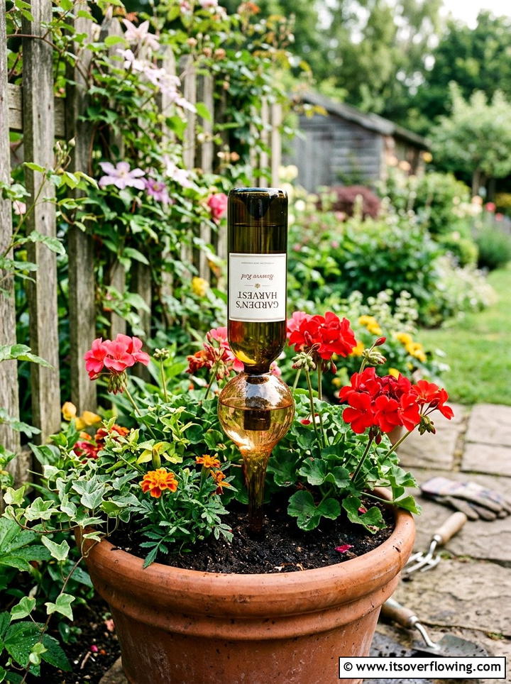 Wine Bottle Watering Globe - 25 recycled garden ideas with glass bottles
