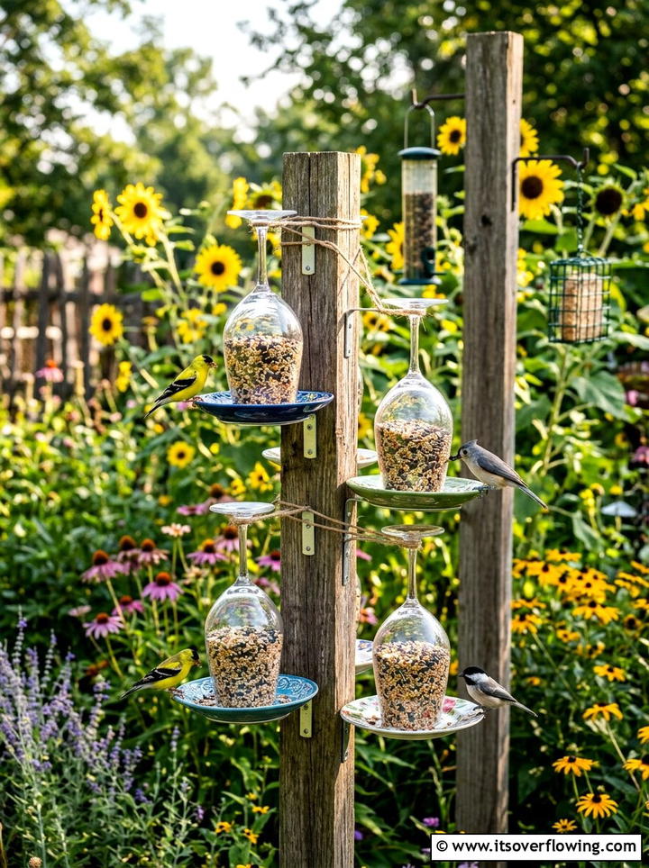 Wine Glass Bird Feeder - 25 recycled garden ideas with recycled glass art