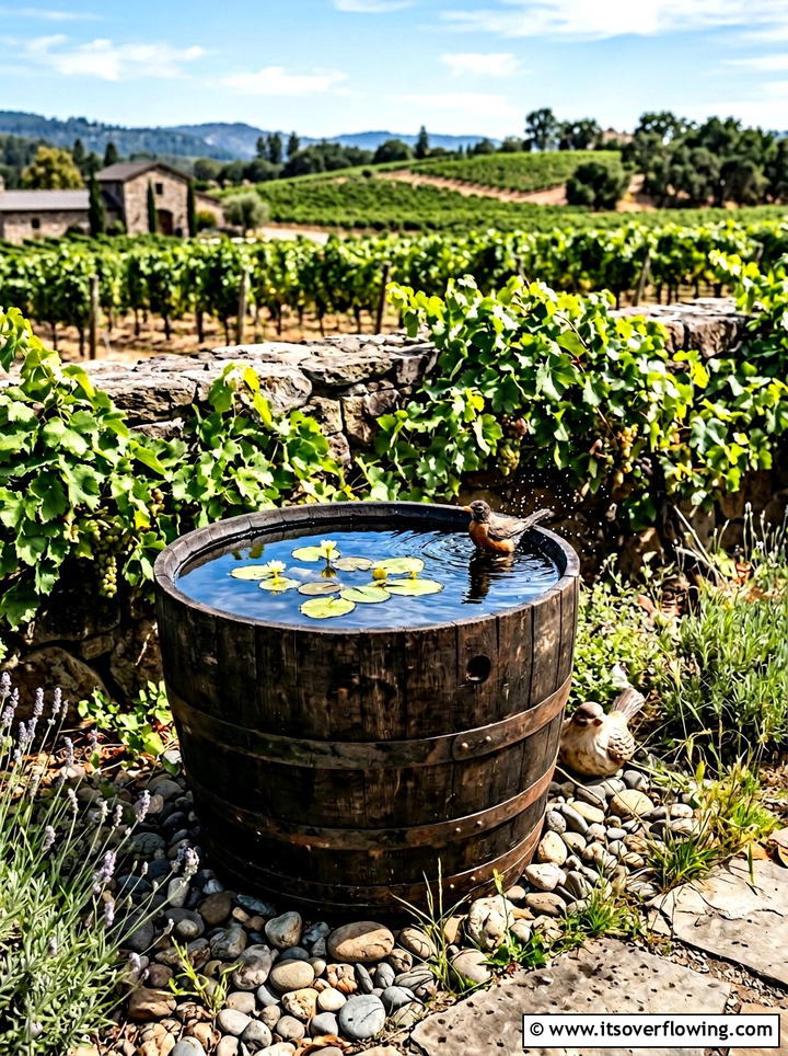 Wine barrel bird bath - 25 upcycled garden ideas with bird baths