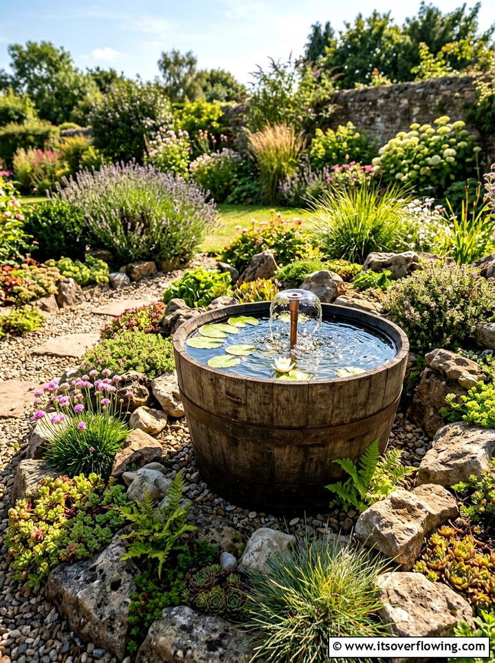 Wine barrel water feature - 25 upcycled garden ideas for sunny spaces