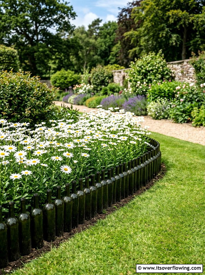 Wine bottle flower border - 25 recycled garden ideas with vertical bottle wall