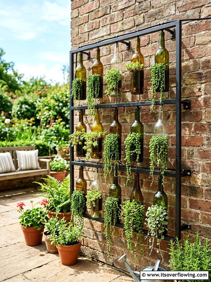 Wine bottle hanging planter - 25 upcycled garden ideas with hanging planters