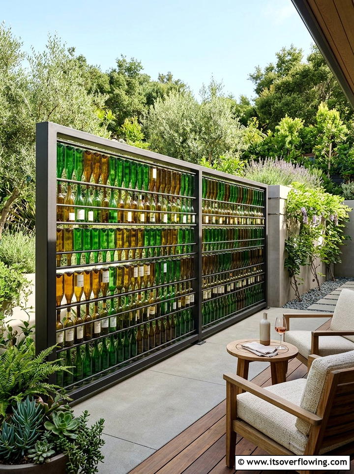 Wine bottle privacy screen - 25 recycled garden ideas with vertical bottle wall