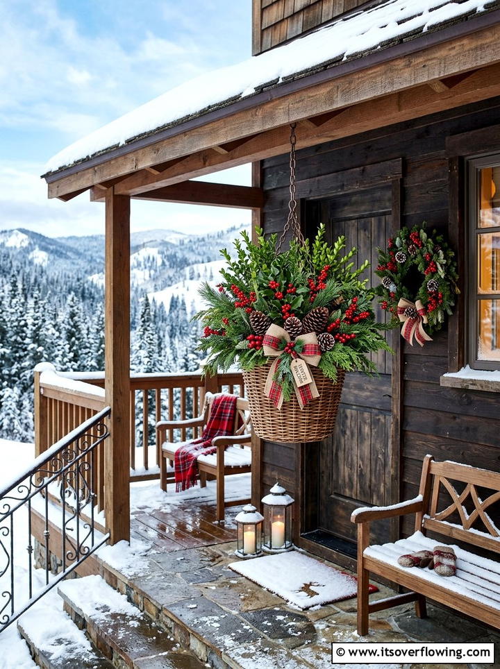 Winter Evergreen Basket Display - 25 small garden ideas with hanging baskets
