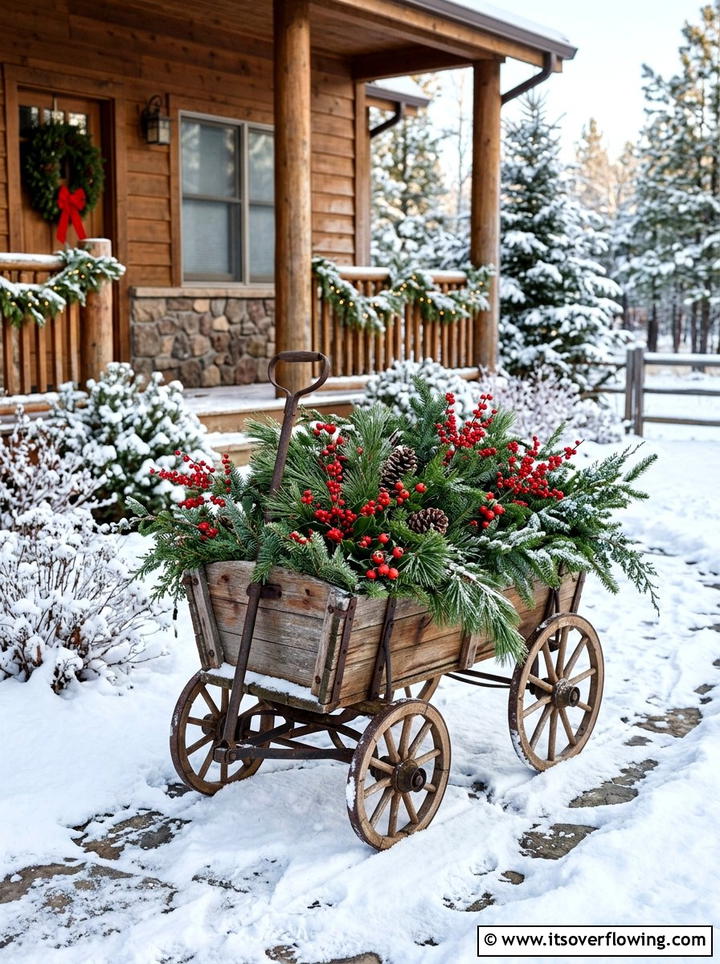 Winter Evergreens Wagon - 25 garden decor ideas with wagons