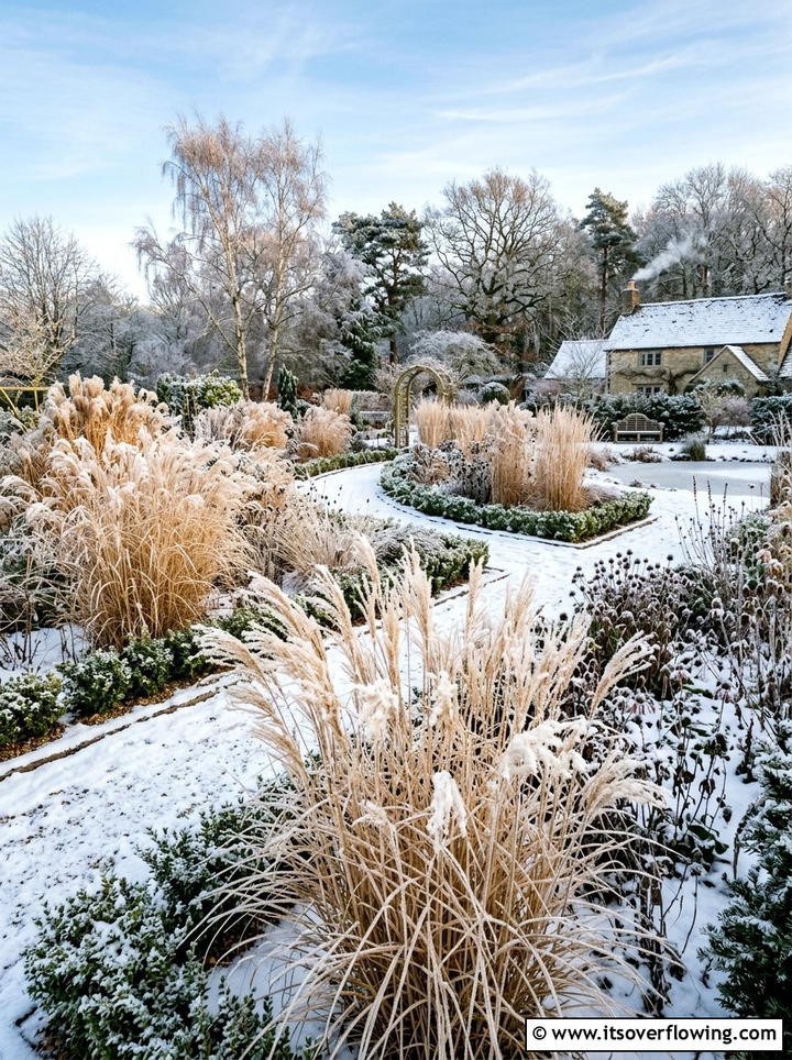 Winter garden with dried ornamental grass - 25 garden ideas with ornamental grasses