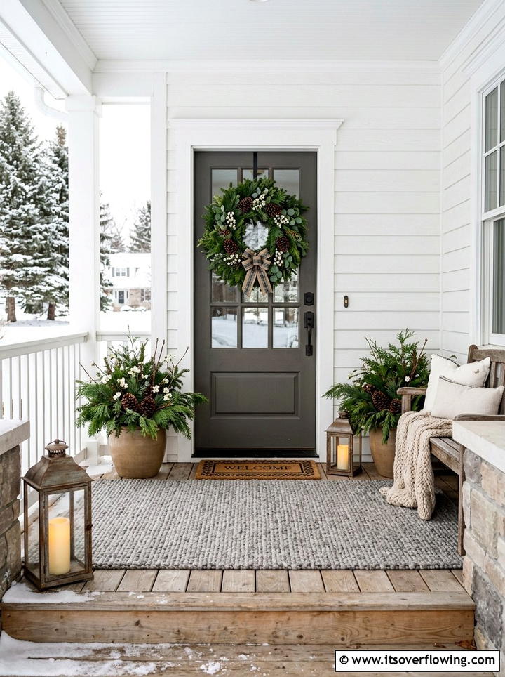Winter greenery wreath porch - 25 front porch decor ideas with wreaths