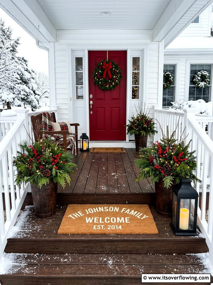 Winter porch decor - 25 front porch ideas with personalized mat