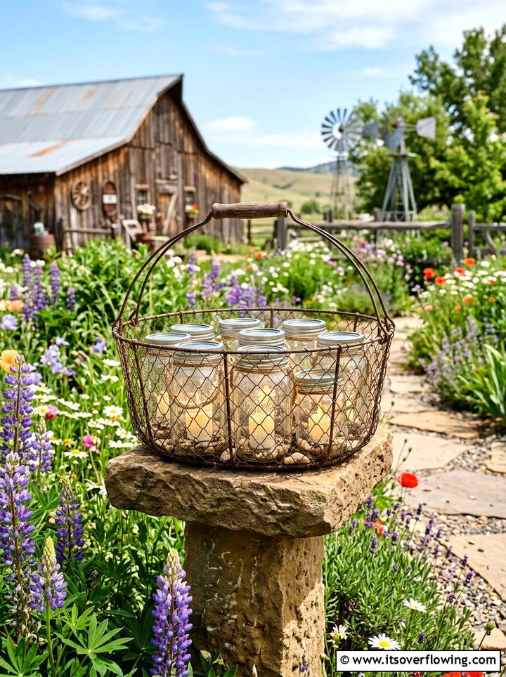 Wire basket mason jar display - 25 garden ideas with mason jar lanterns