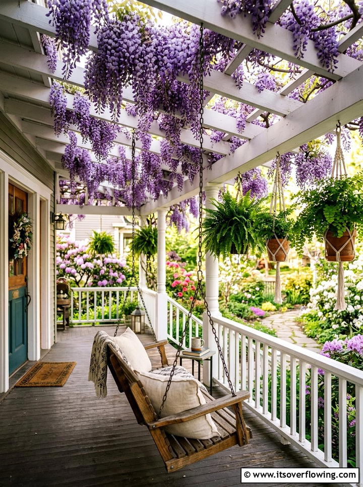 Wisteria draped front porch ceiling - 25 front porch ideas with floral garland