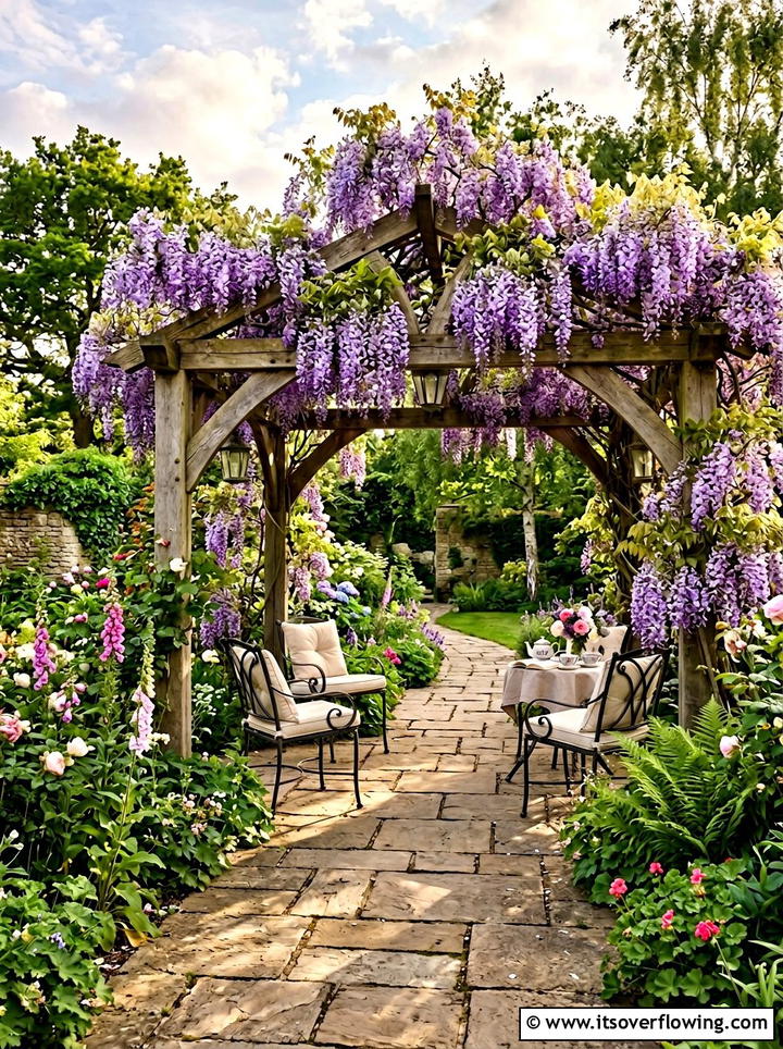 Wisteria draped pergola arch - 25 garden ideas with arches