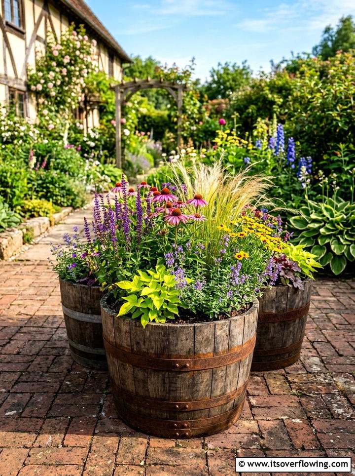 Wood Barrel Planter Arrangement - 25 small garden ideas with container clusters