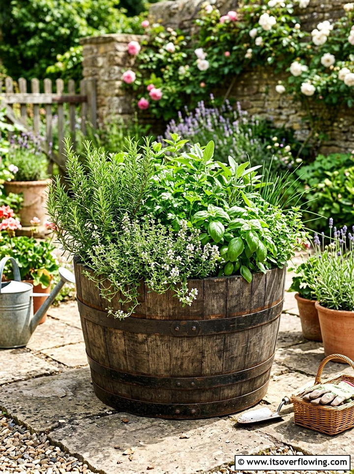 Wood Barrel Planter - 25 upcycled garden ideas with herb planters