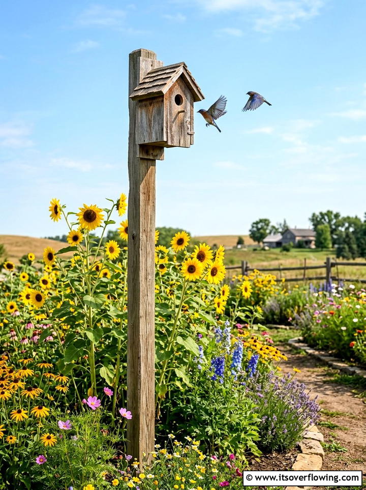 Wood Birdhouse Pole - 25 garden decor ideas for rustic gardens