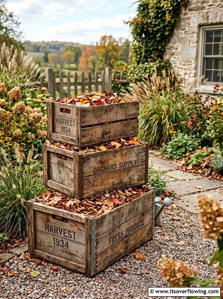 Wood Crate Stack Bin - 25 recycled garden ideas with leaf mold bins