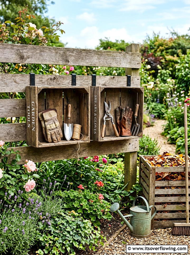Wood Crate Tool Storage - 25 recycled garden ideas with leaf mold bins