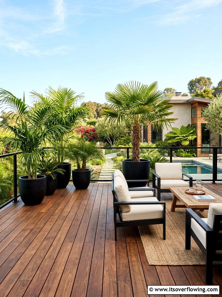 Wood Deck With Potted Palms - 25 garden decor ideas for tropical gardens