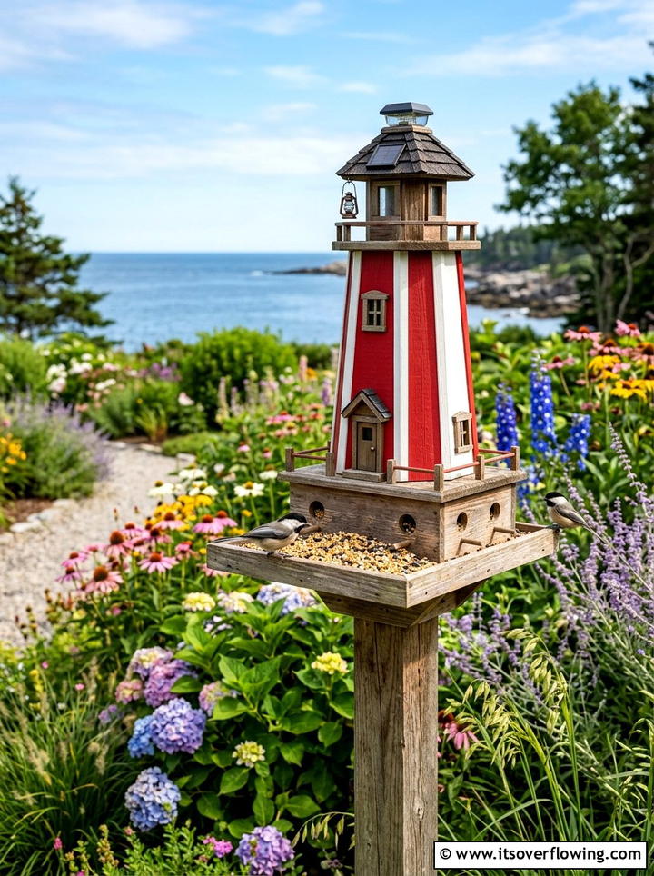 Wood Lighthouse Bird Feeder - 25 upcycled garden ideas with coastal style
