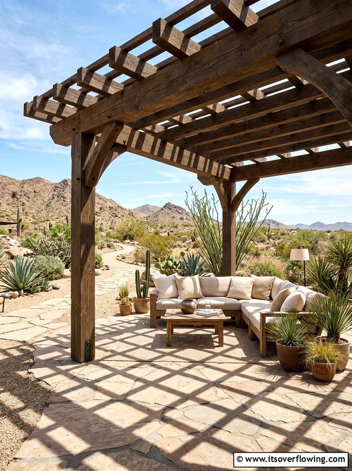 Wood Pergola - 25 backyard ideas with desert landscape