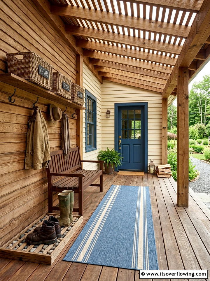 Wood Slat Mudroom Porch - 25 front porch ideas with boot tray