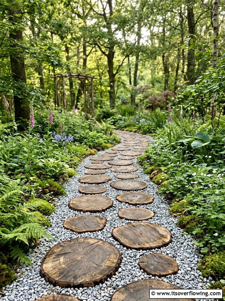 Wood Slice Garden Walkway - 25 garden decor ideas with wood art