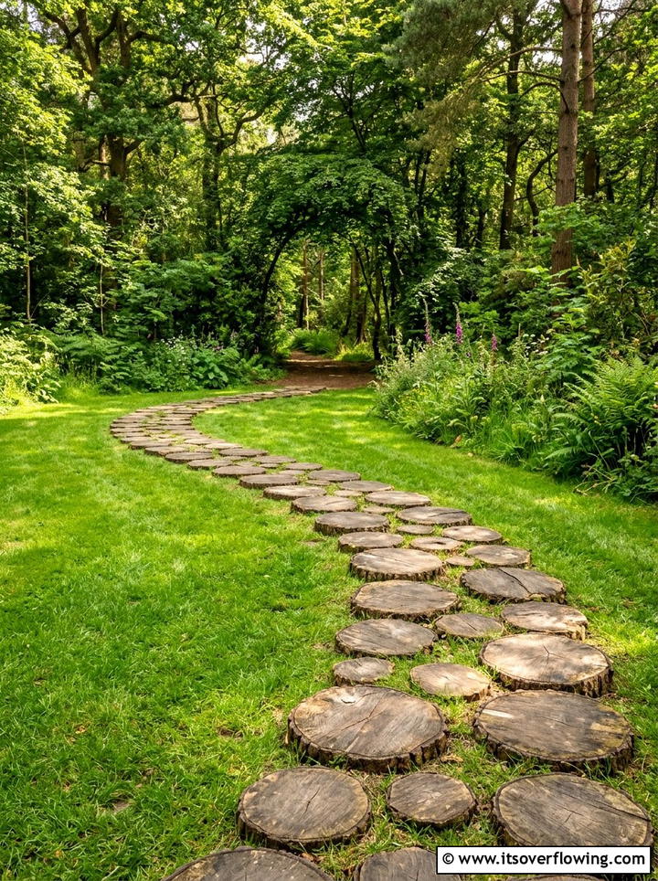 Wood Slice Path - 25 recycled garden ideas with branch cuttings