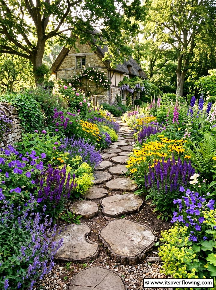 Wood Slice Path In Flower Bed - 25 small garden ideas with stepping stones