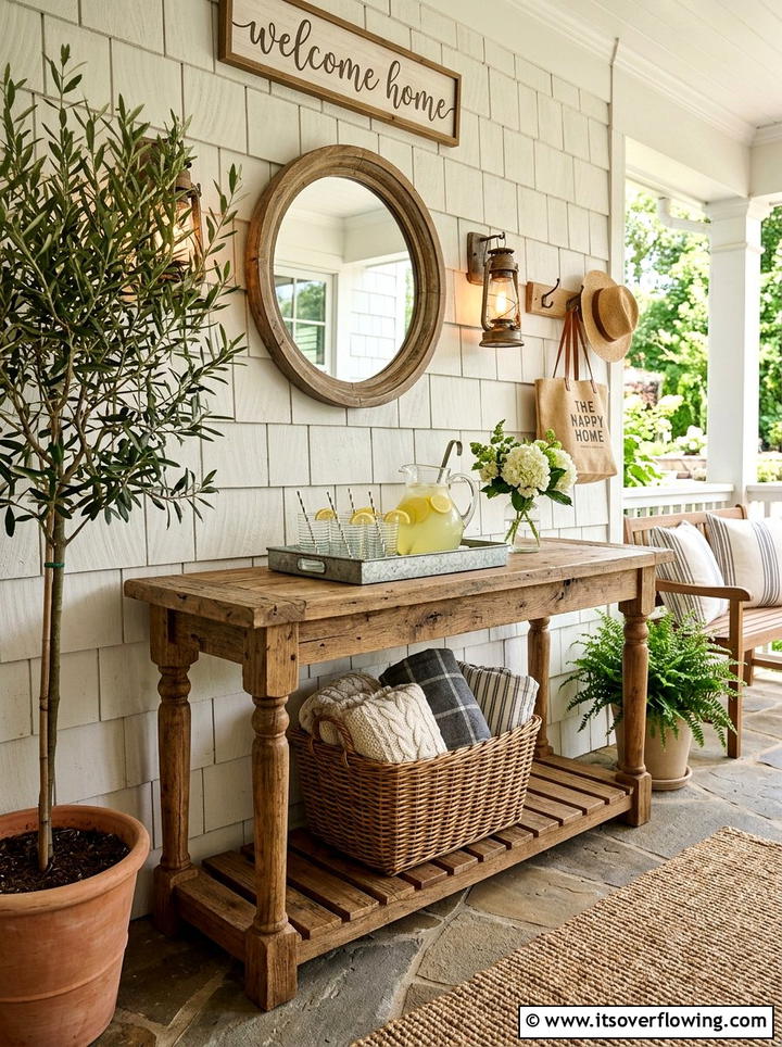 Wood console table - 25 front porch decor ideas with natural wood