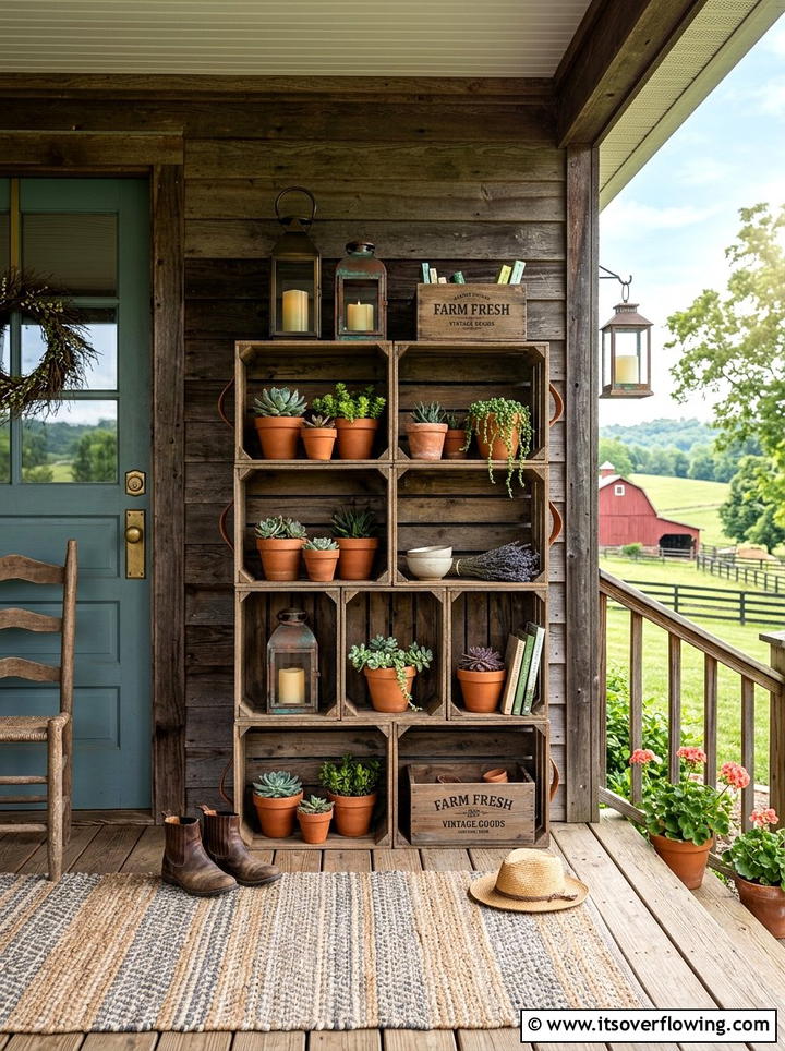 Wood crate shelving - 25 recycled garden ideas for porch decor