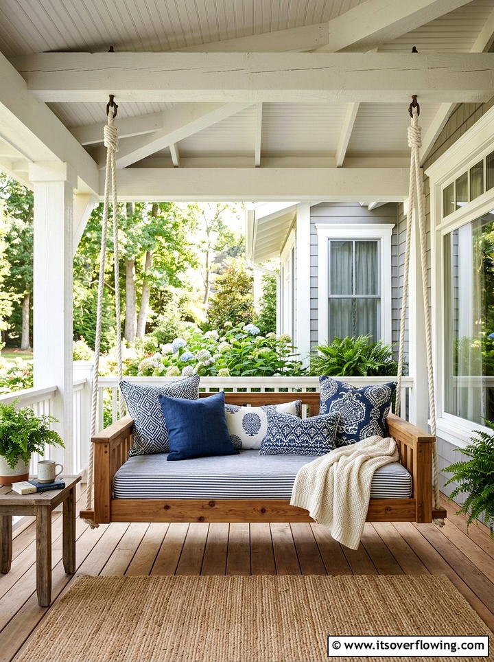 Wood daybed swing - 25 front porch decor ideas with natural wood