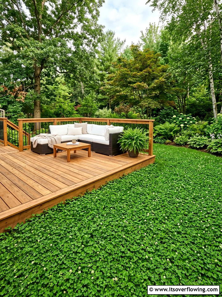 Wood deck and clover - 25 backyard ideas with clover lawn
