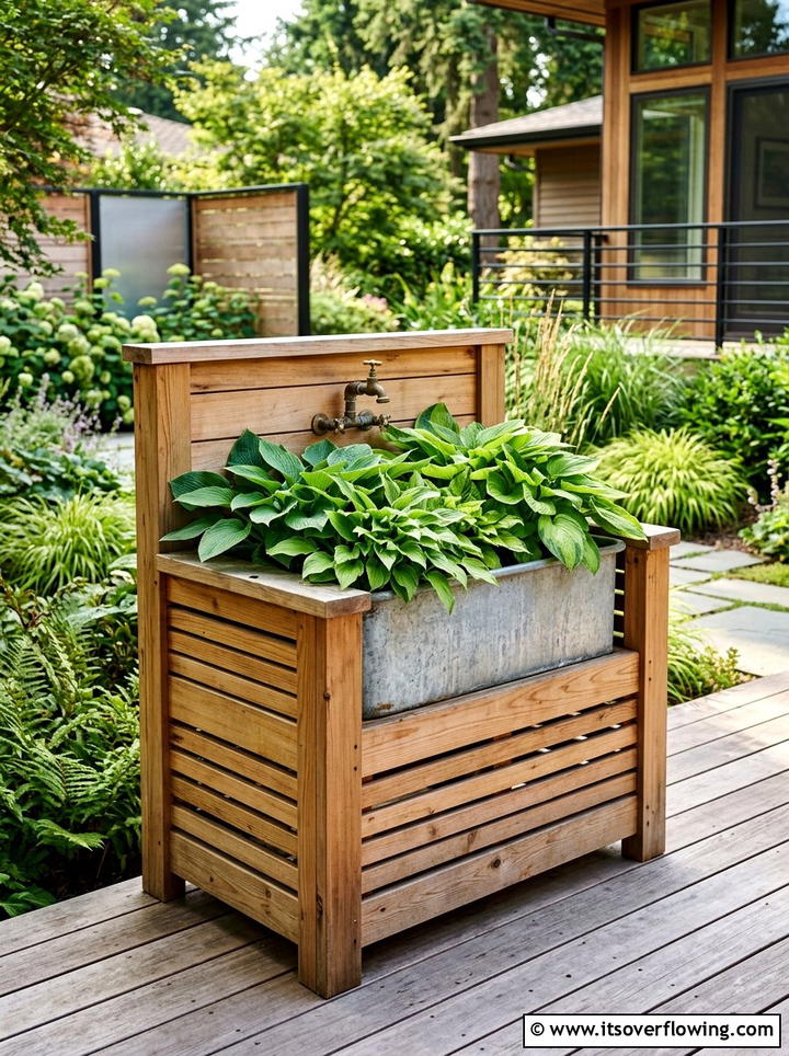 Wood encased sink plant holder - 25 upcycled garden ideas with old sinks