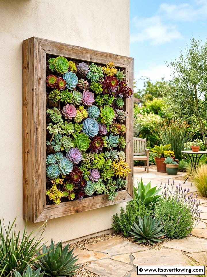 Wood framed succulent wall - 25 recycled garden ideas with recycled wood art